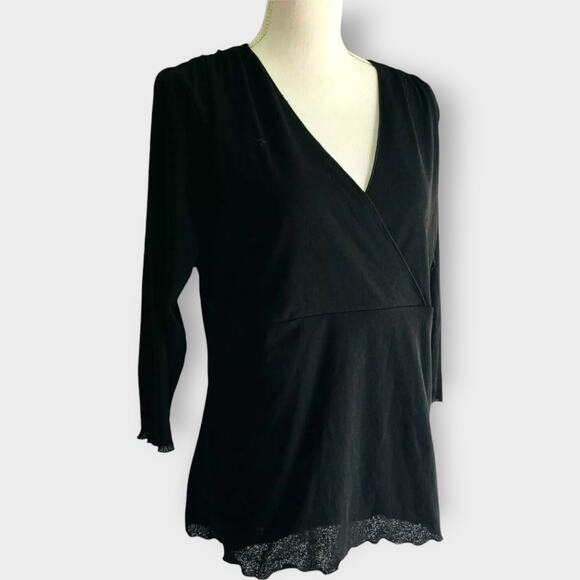 J. Jill Blouse V Neck Faux Wrap Lettuce Edge Black Size XL Petite Solid Crepe - Picture 2 of 9